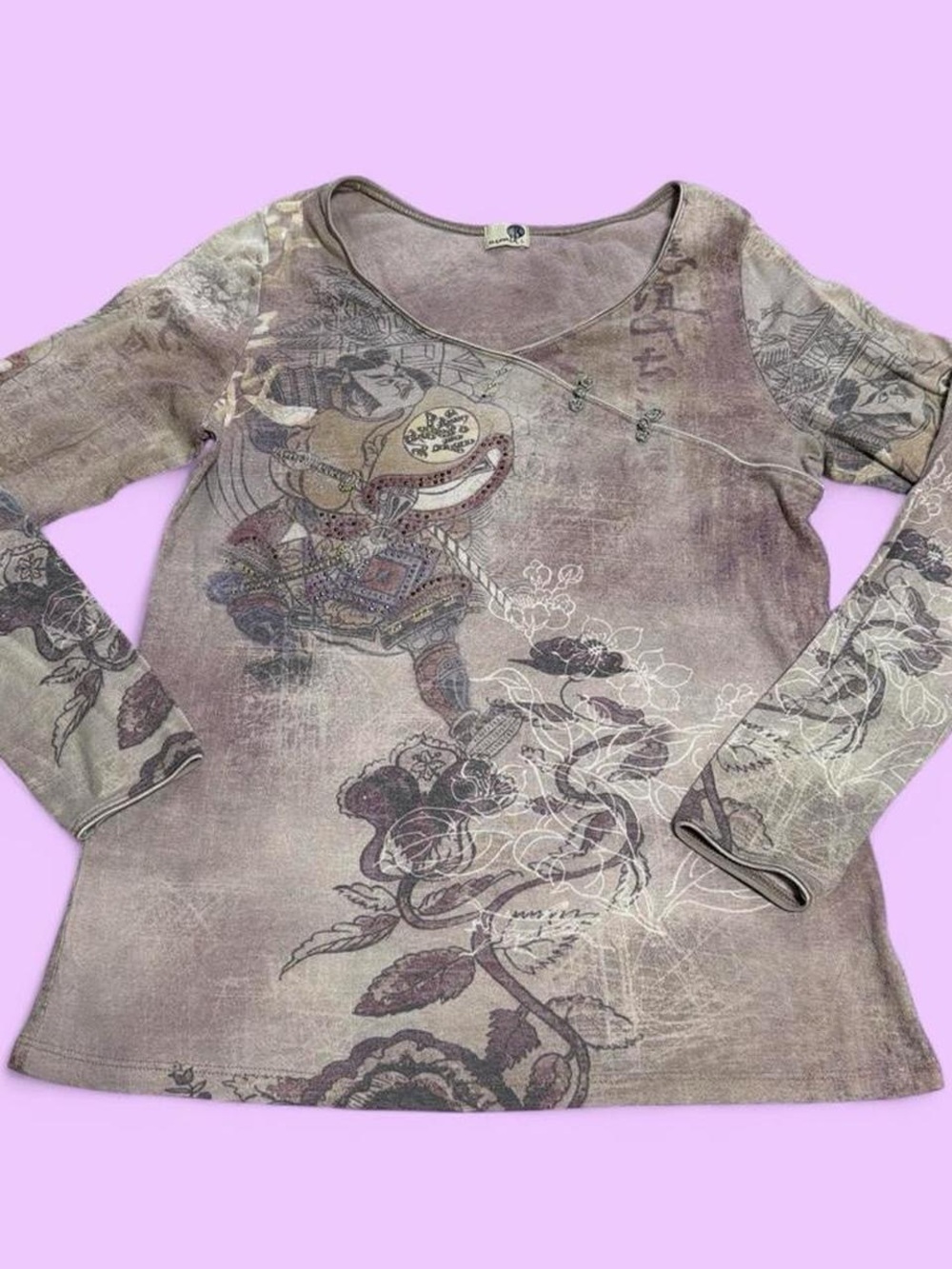 Vintage-Japanese Inspired Purple Floral Long Sleeve Top